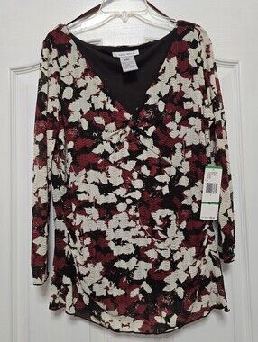 Nine West Floral V-Neck Top - Red/Brown/Cream, size Large